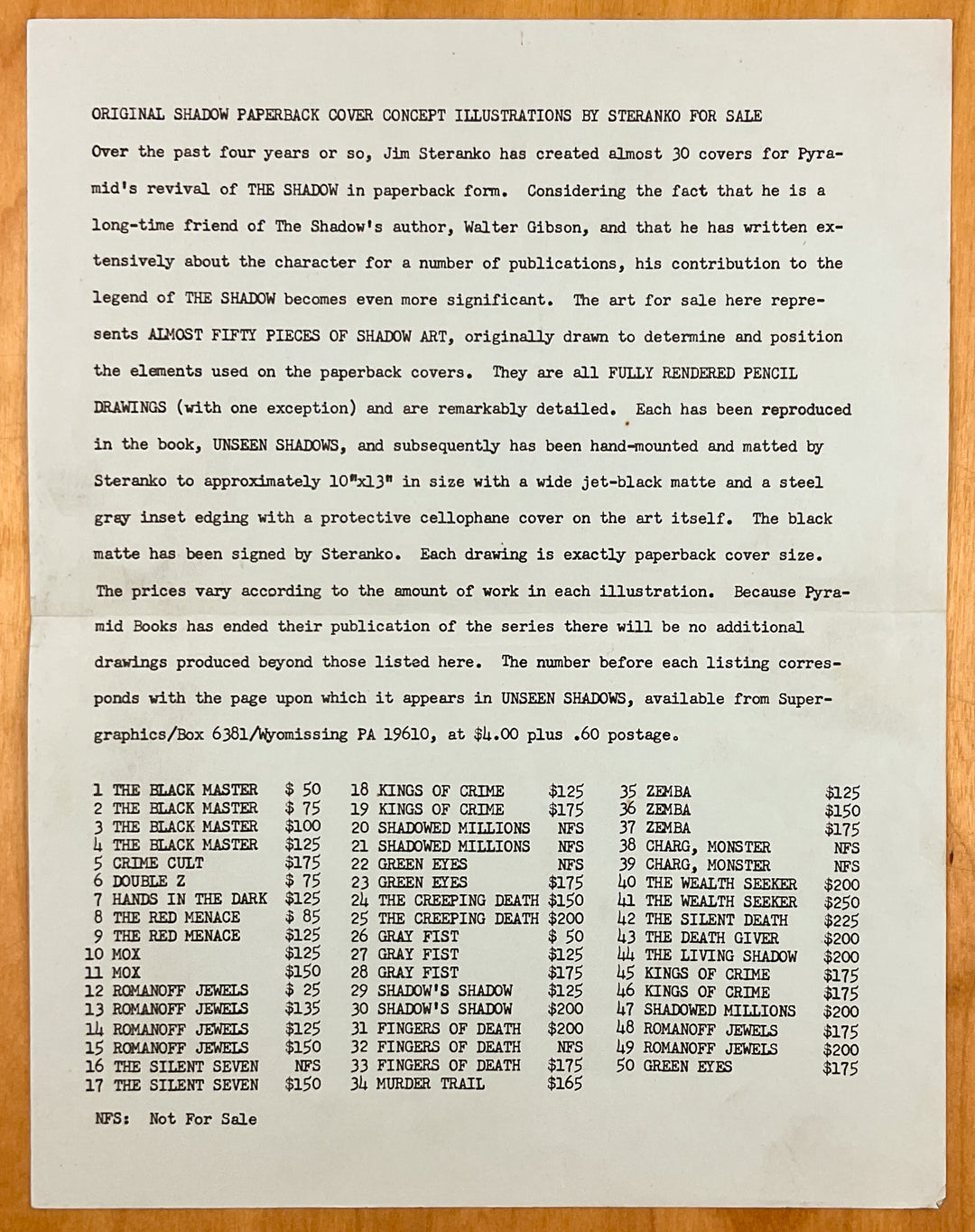 Unseen Shadows - Inscribed by Steranko - with the Pricelist