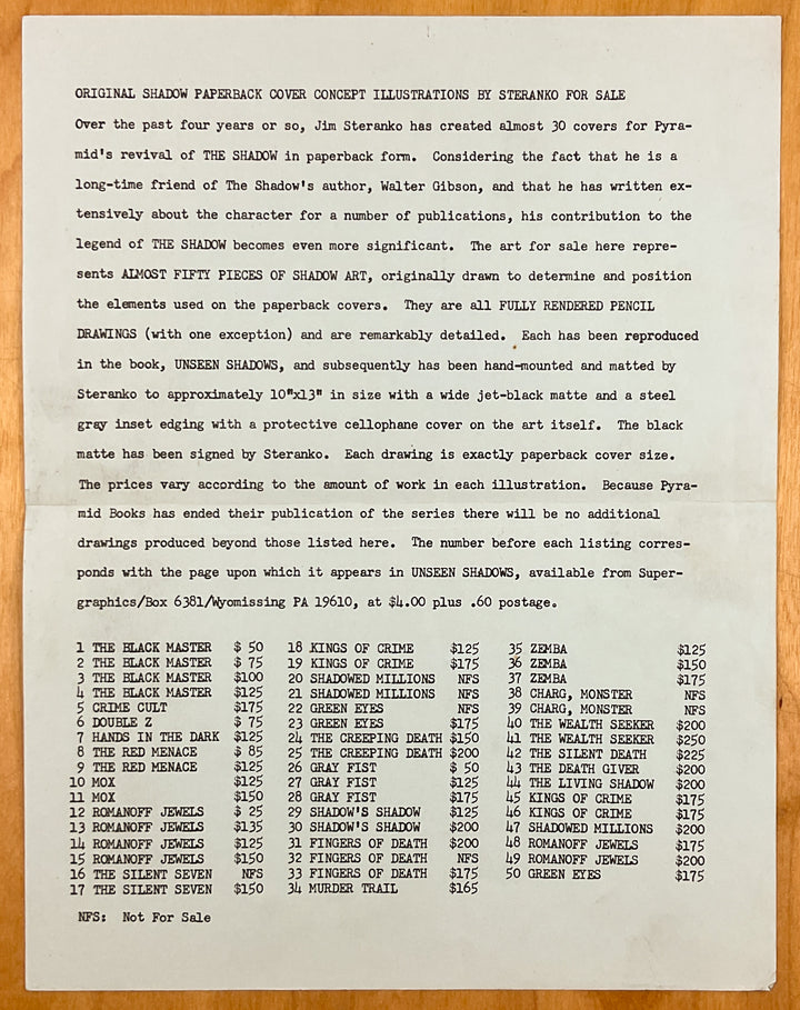 Unseen Shadows - Inscribed by Steranko - with the Pricelist