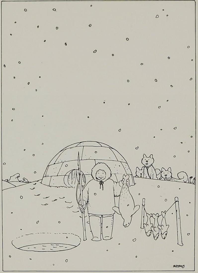 Original Ink Illustration: Happy Eskimo Boy
