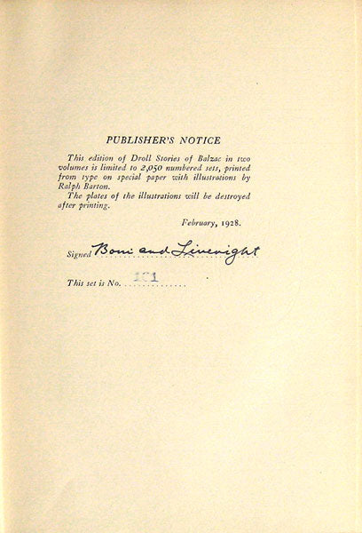 Droll Stories By Balzac (2 Volumes) (Signed By The Publishers & Numbered)