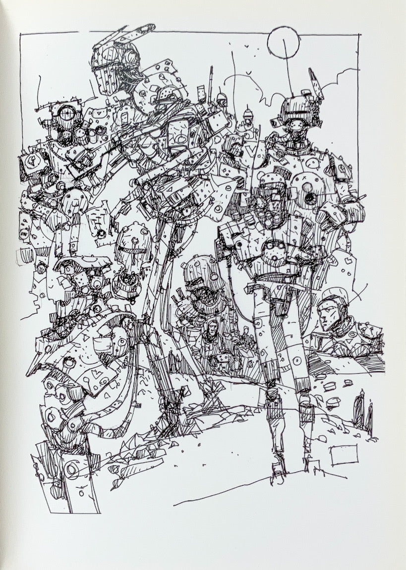 Robots, Space Dudes, Flying Ships, Etc.: A Book of Drawings by Ian McQue (2013) Inscribed with a Drawing