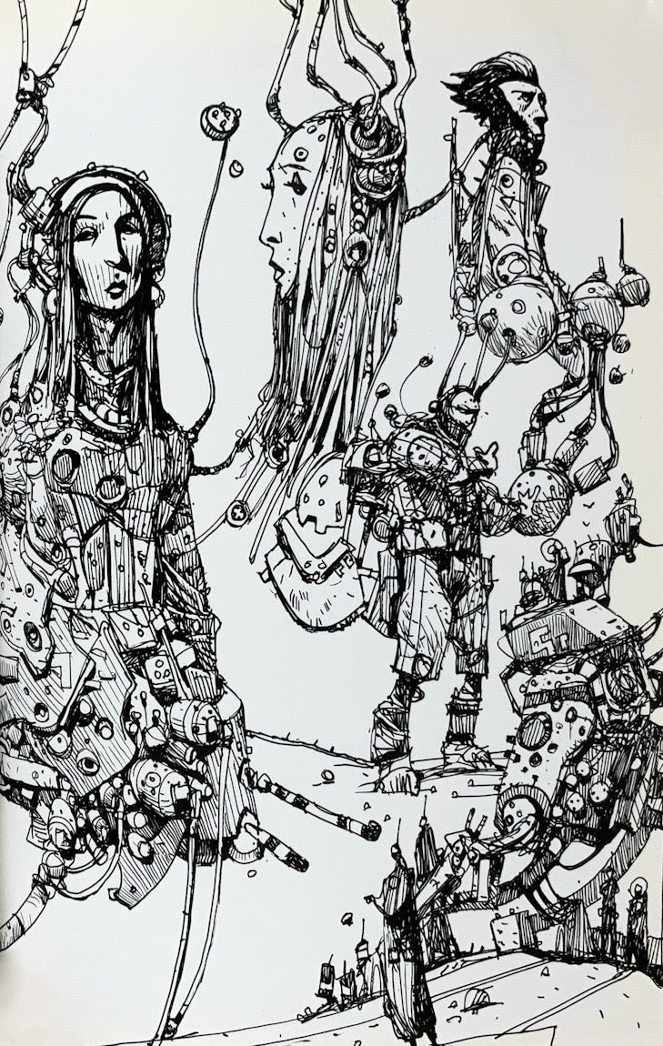 Mechs & the City: Another Book of Drawings by Ian McQue (2014) Inscribed with a Drawing