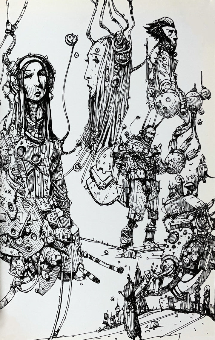 Mechs & the City: Another Book of Drawings by Ian McQue (2014) Inscribed with a Drawing